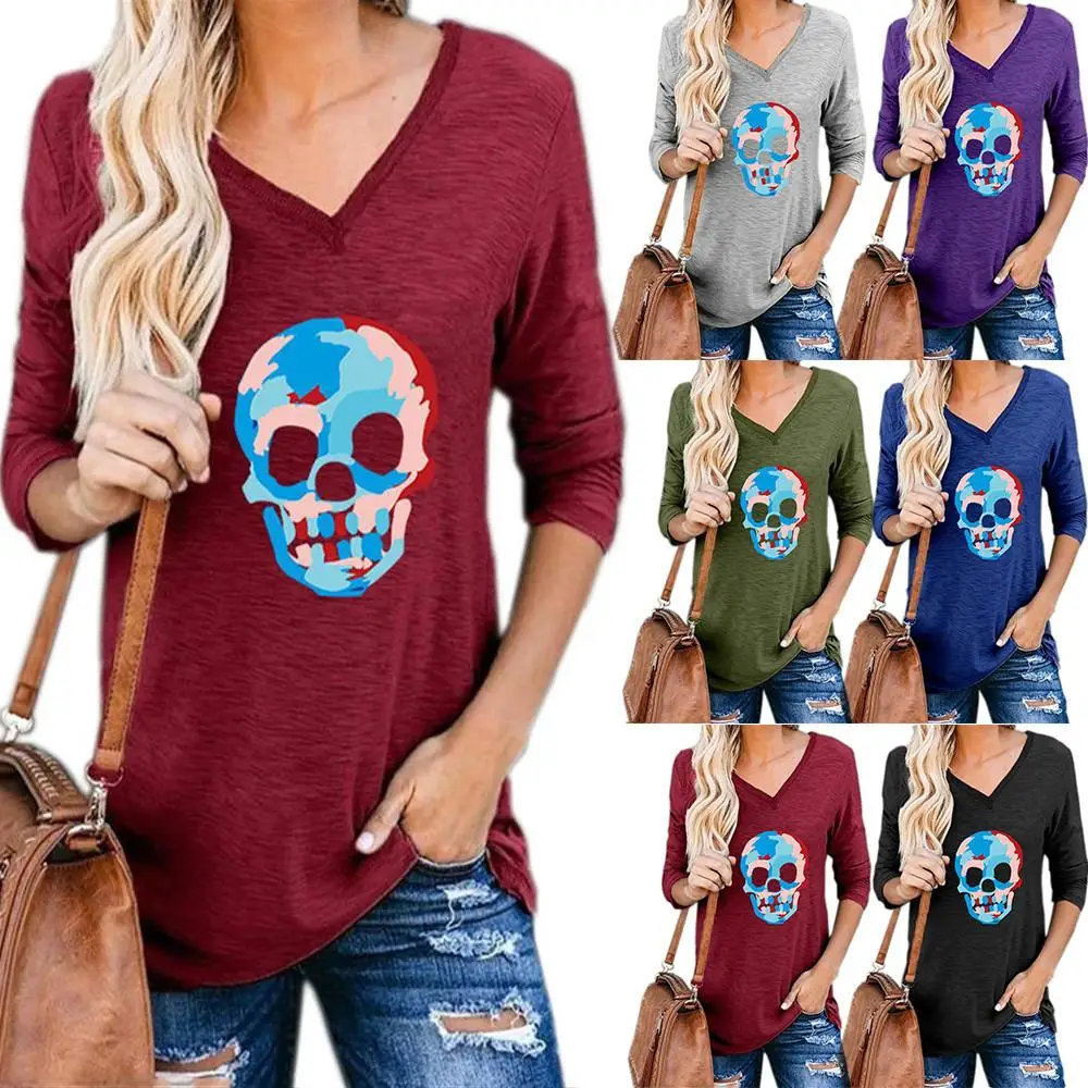 

Футболка женская однотонная с длинным рукавом и V-образным вырезом