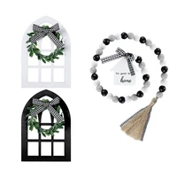 wooden farmhouse window tiered tray decoration wooden rustic mount window frames and black white wood bead garland