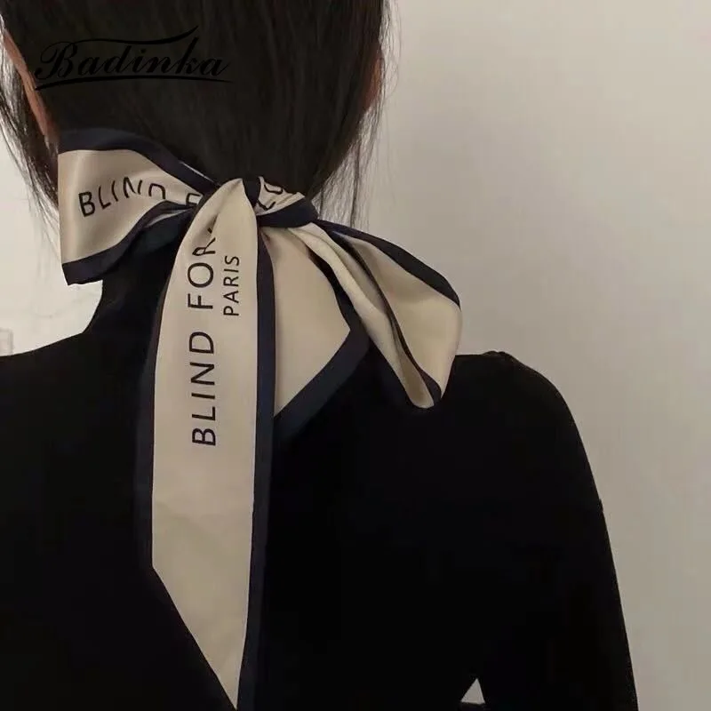 

Badinka 2021 New Black White Long Skinny Silk Hair Scarf Headband Women Letter Printed Purse Bag Head Scarves Foulard Cheveux