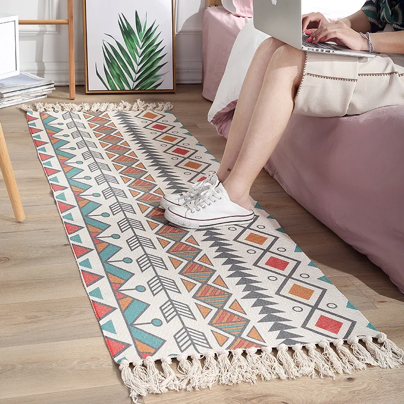 

Bohemian Style Bedroom Bedside Carpets With Tassel Decorative Cotton Woven Area Rugs For Living Doormat Floor Mats Entrance Room