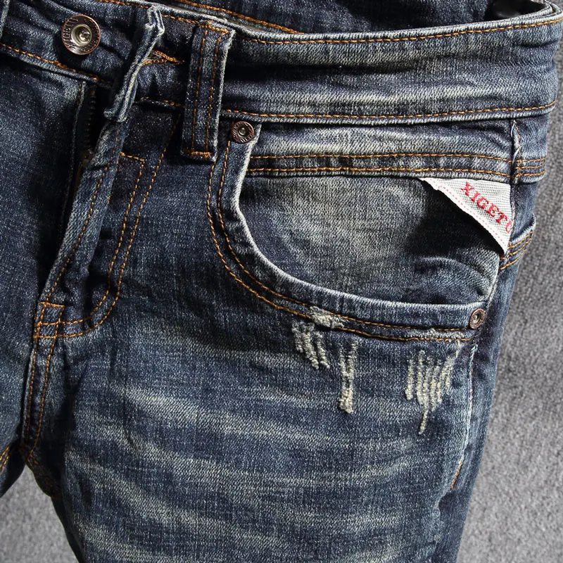 Italian Style Fashion Men Jeans Retro Blue Distressed Wash Elastic Slim Fit Ripped Jeans Men Vintage Designer Casual Denim Pants