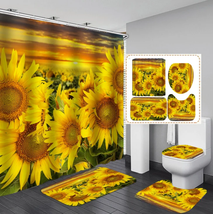 

New Pattern Sun Fllower Waterproof Shower Curtain Bath Mat Pedestal Rug Lid Toilet Cover Bathroom 4pcs