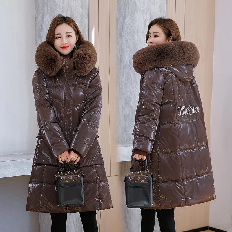 

Новинка, зимнее плотное блестящее пальто, женские водонепроницаемые Длинные парки, глянцевый меховой воротник с капюшоном, повседневные же...