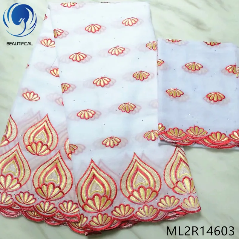 Красивые белые нигерийские хлопчатобумажные ткани фиолетовая вышивка