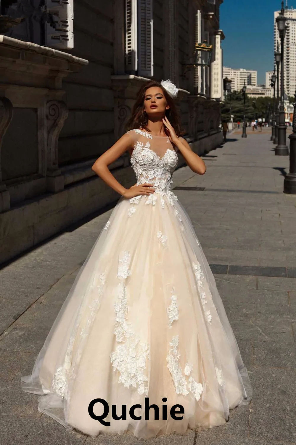 

Champagne Wedding Dress Illusion Applique Dubai Arabic Abiti Da Sposa Vestidos De Fiesta De Noche Bridal Wedding