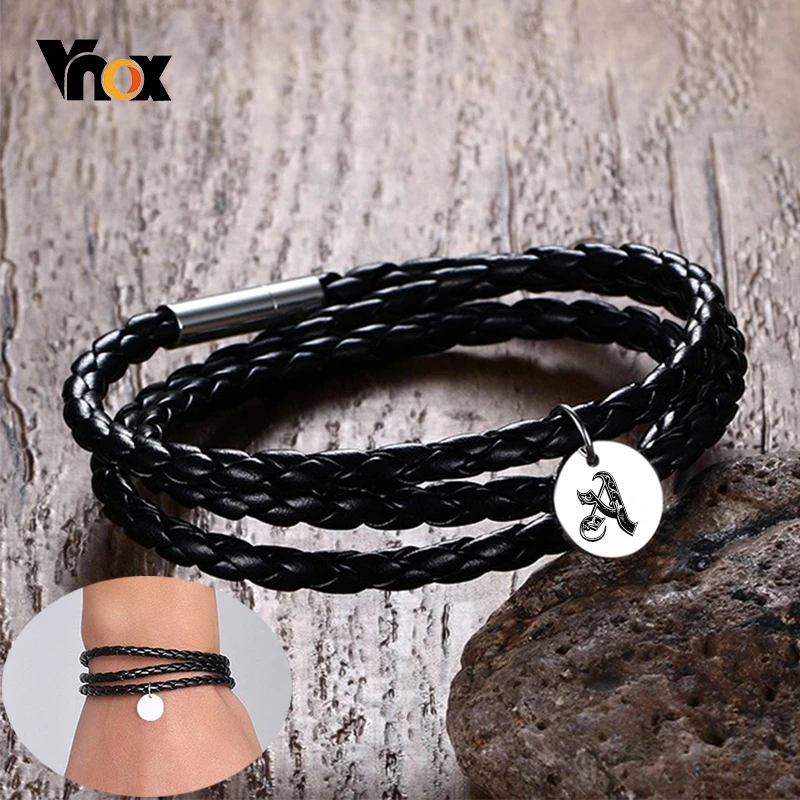 

Vnox Casual Multi-Layers Braided Leather Rope Wrap Bracelets for Men Women Custom Engrave Stainless Steel Coin Tag Jewelry