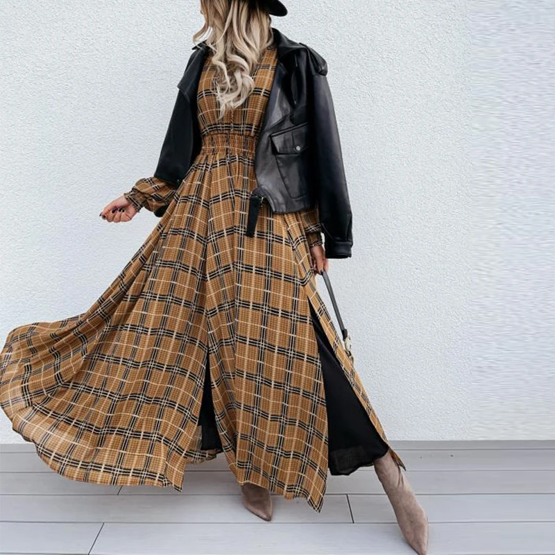 

Autumn Women V-Neck A-Line Dress Vintage Plaid Print Long Sleeve Lady Party Long Dress Casual Slit Big Swing Dress Femme Vestido
