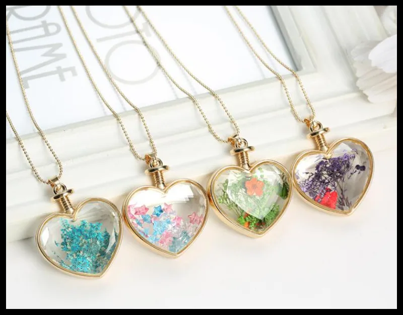 Dried Flower Real Dry Glass Charms Pendant Necklace Heart Locket Gold Chain For Women Jewelry Fashion | Украшения и аксессуары