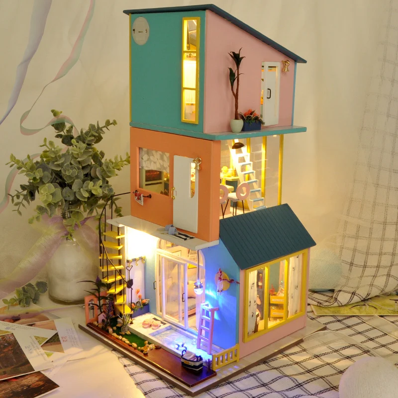 

Сборный деревянный домик «сделай сам», набор для кукольного домика, деревянные миниатюрные кукольные домики, детские игрушки, имитация укр...
