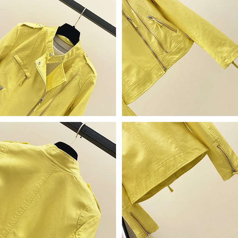 

FMFSSOM 2021 Spring Autumn Fashion Short Faux Leather Jacket O-neck Yellow Pu Casual Women Moto Bike Windproof Outwear