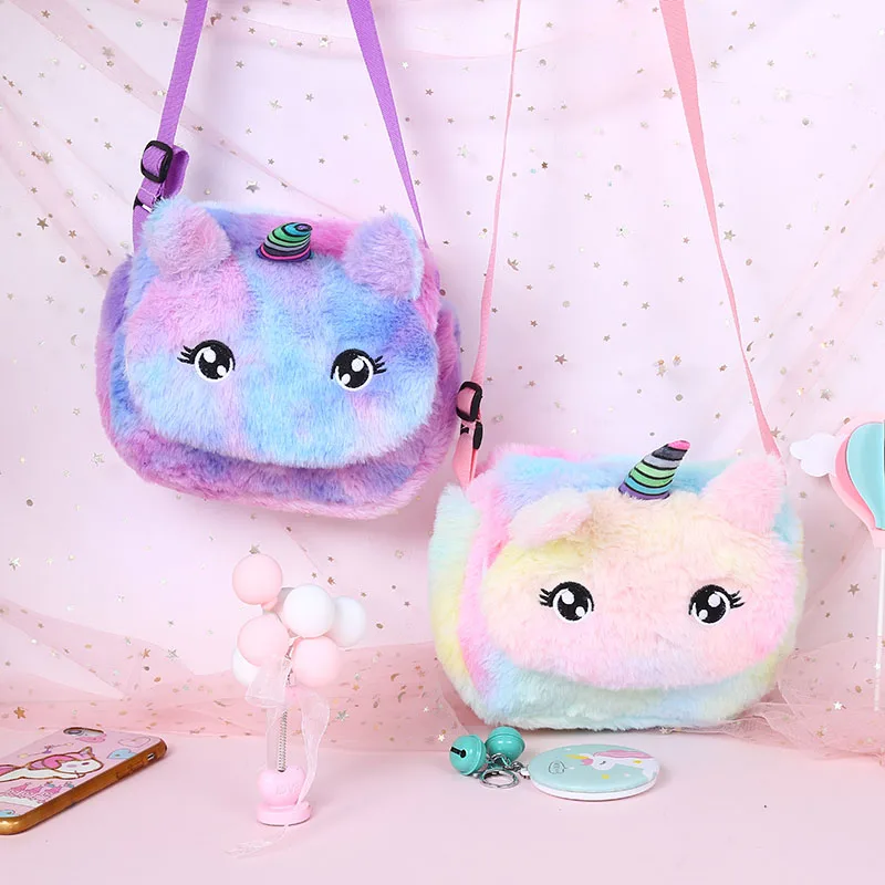 

Lovely Plush Crossbody Bag For Teenager Girls Unicorn Cartoon Handbags Fur Children Messenger Sling bag