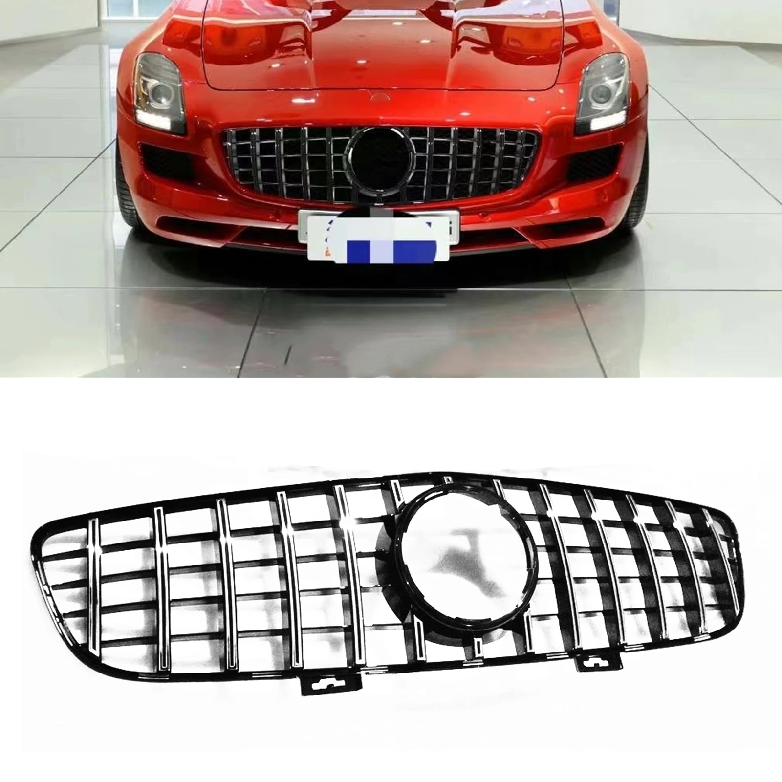 

Передняя решетка радиатора для Mercedes-Benz C197 SLS AMG 2010 2011 2012 2013 2014 2015 GT R, серебристая/черная верхняя бампер, стандартная сетка