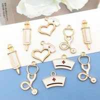 mix32pcs gold plated enamel medical charms stethoscope syringe nursecap for jewelry making craft findings accessory diy necklace