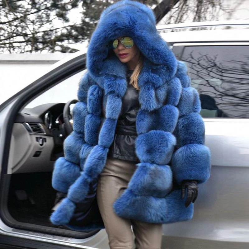 2022 Winter Fashion Hooded Blue Fox Fur Coat Thick Warm Natural Fox Fur Jacket For Women Outwear 80cm Long Pelt Fur Coats Luxury