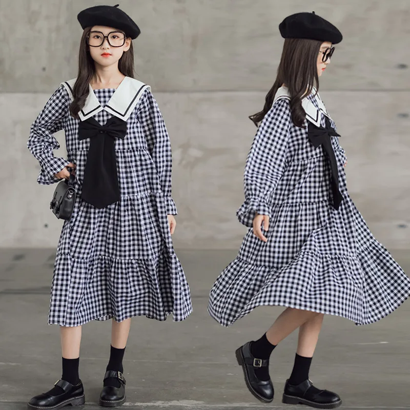

Girl Plaid Dress 2022 New Spring Autumn Fashion Bow Navy Collar Clothing Kids Casual Black Princess Dress 13 14 Y Children Dress