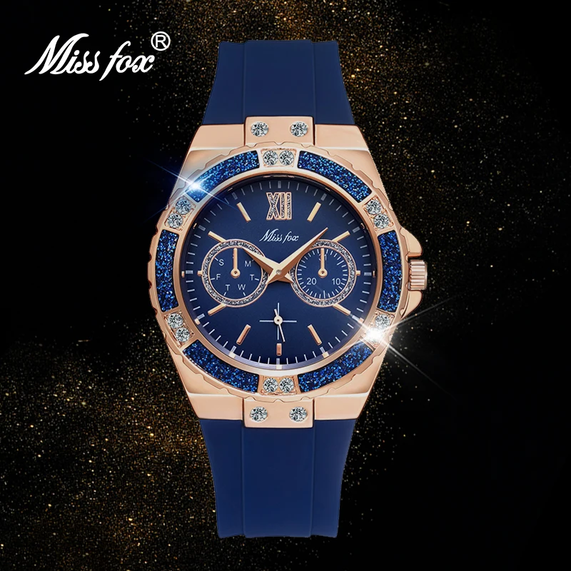 MISSFOX женские часы Aaa масок Diamond Gold голубое каучуковый ремешок люксовый бренд