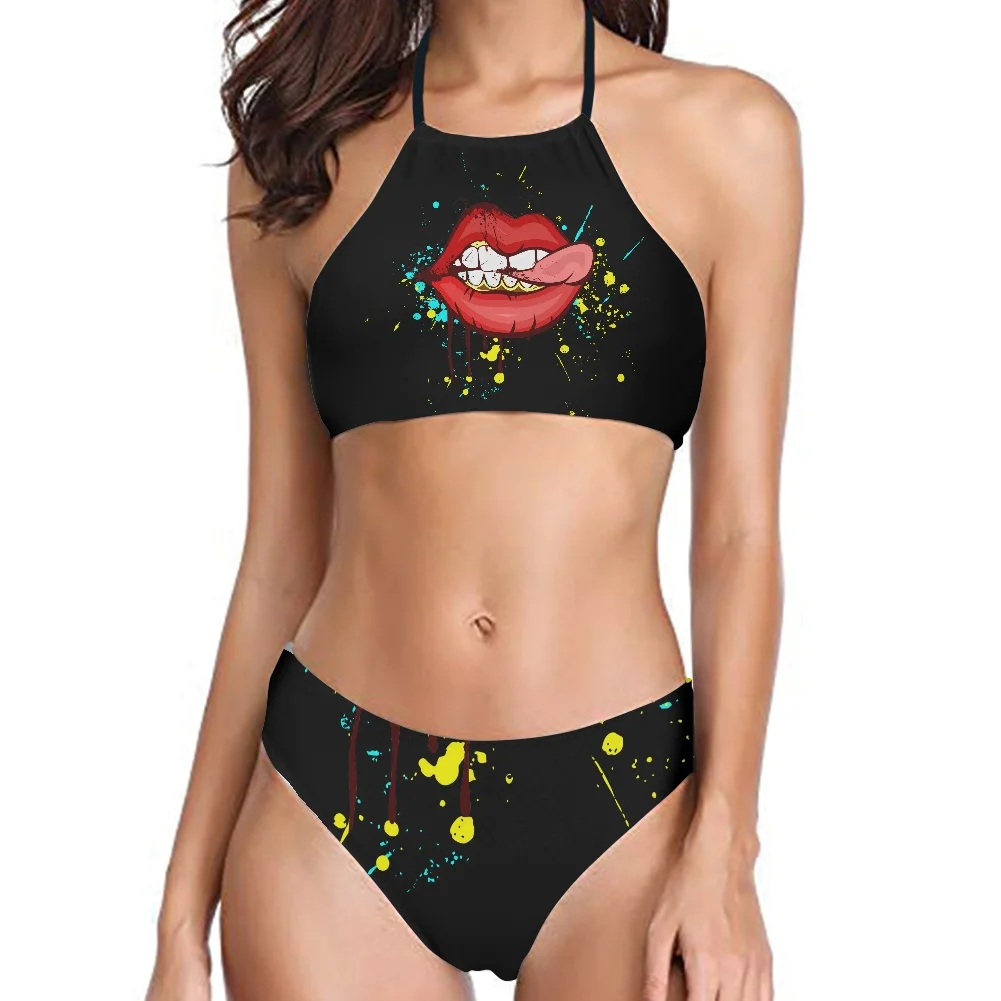 

2022 Padded Swimsuit Halter Swimming Suit Sexy High Neck Crop Top Swimsuit Bikini Brazilian Lip Print Biquini Ladies Beachwear