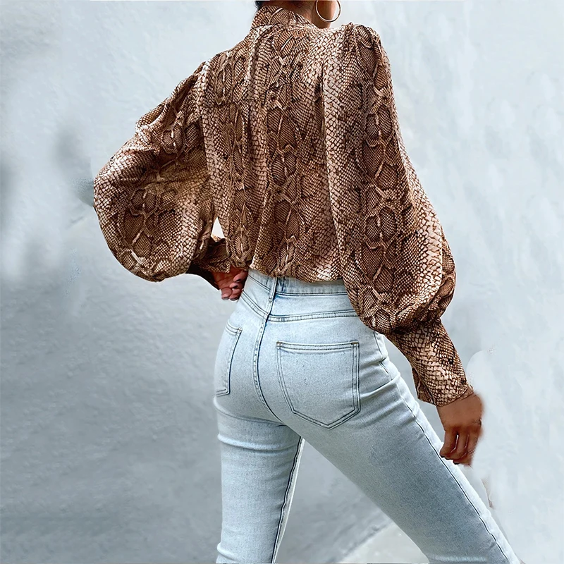 

Women Leopard Print Button Blouse Shirts Sexy Deep V-Neck Puff Sleeve Streetwear Autumn Femmal Turn Down Collar Office Blouse