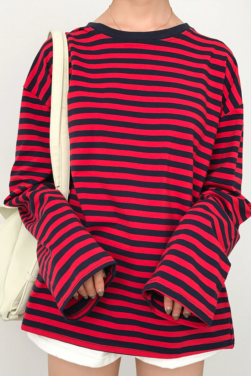 

2017 New Vintage Fashion Basic Loose Casual Striped All Match Simple Long Sleeve Female T-shirts
