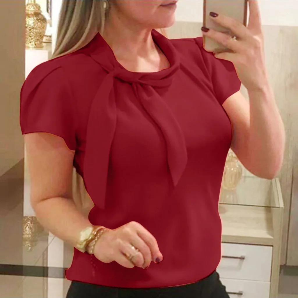 Элегантная модная шифоновая блузка с бантом повседневная Летняя женская