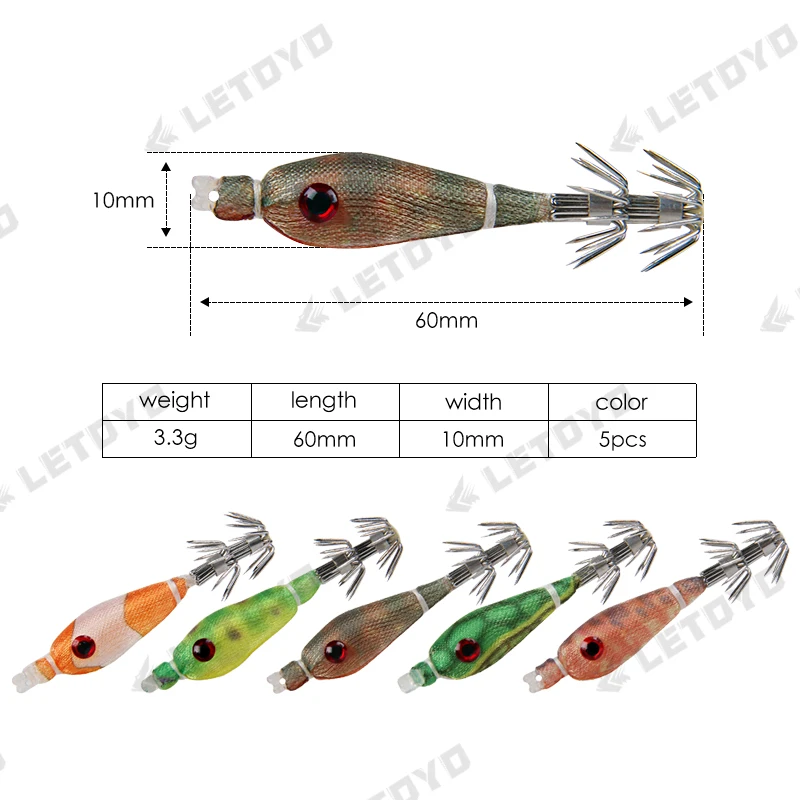 LETOYO 5 шт./упак. Mini мягкий кальмар Jig 3 г 60 мм микро плавающий крючок для кальмара