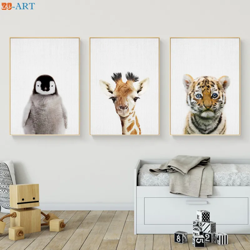Детские животные принты малыш Пингвин олень Тигр осел постер Картина на холсте