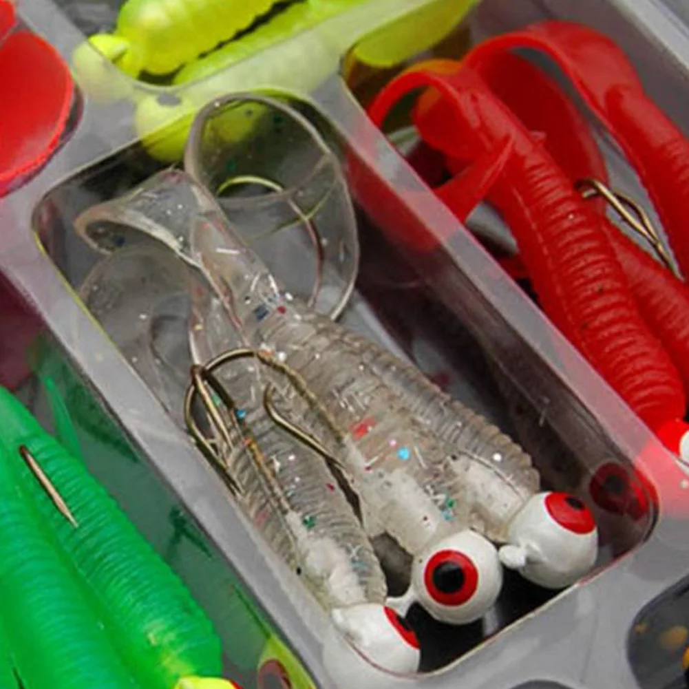

21Pcs/Set Mini Soft Fishing Lure Lead Jig Head Hook Grub Worm Silicone Fish Baits For Ocean Carp Artificial Bait Fish Lure Set