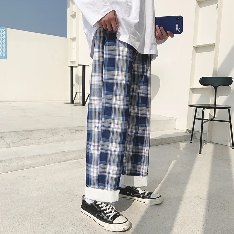 

2021 Japanese Streerwear Men Plaid Pants Autumn Fashion Slim Man Casual Trousers Korean Male Harem Pants Haren pants for men