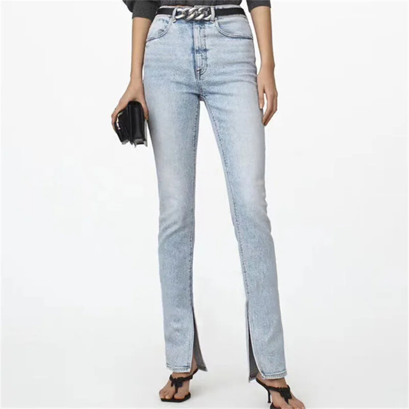 

High Waist Jean Women Slit Simple Zipper 2021 Fashion Denim Pants