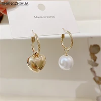 korean new vintage metal heart earrings for women with exaggerated asymmetric pearl pendants unusual jewelry christmas gifts