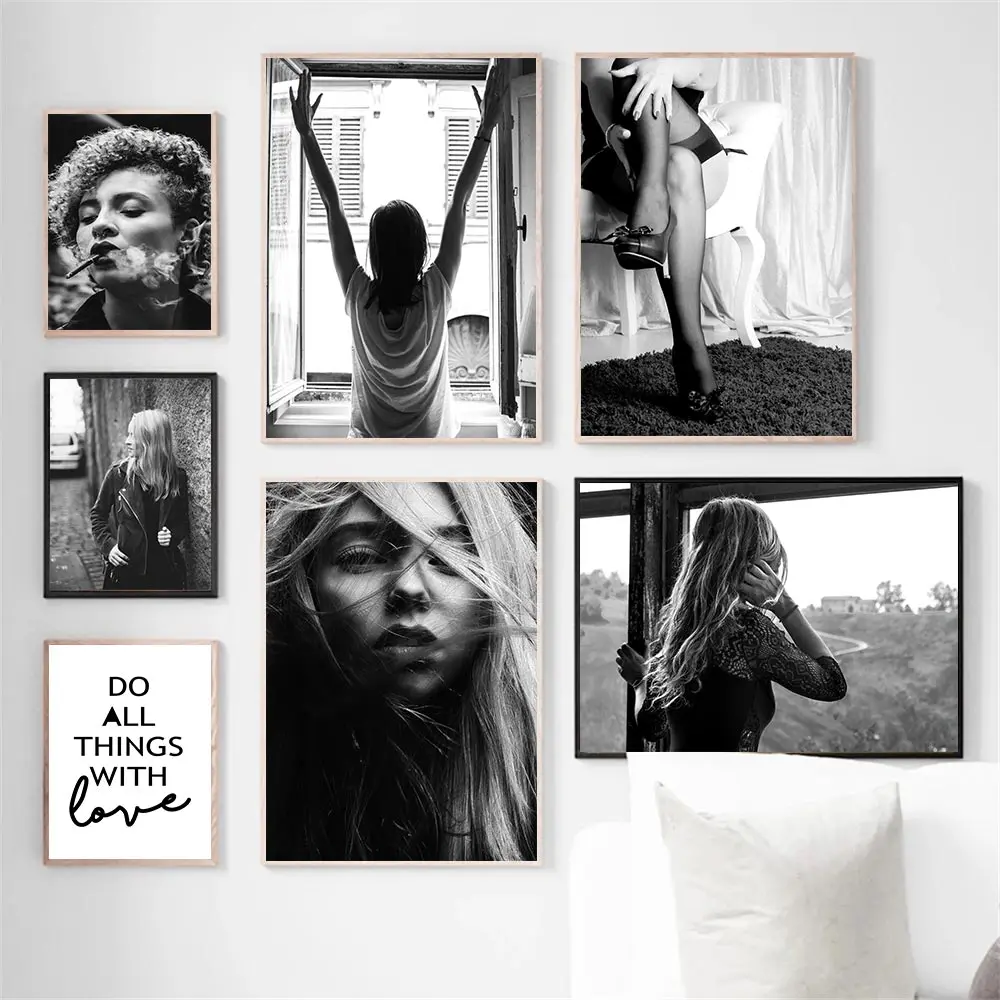 

Fashion Beauty Smoking Women Wall Art Print Sexy Lady Canvas Painting Quotes Posters Black And White Pictures Living Room Decor