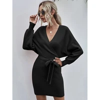 knitted bat sleeve dress fall winter v neck solid color off the shoulder dresses casual hedging long sleeve lace robes for woman