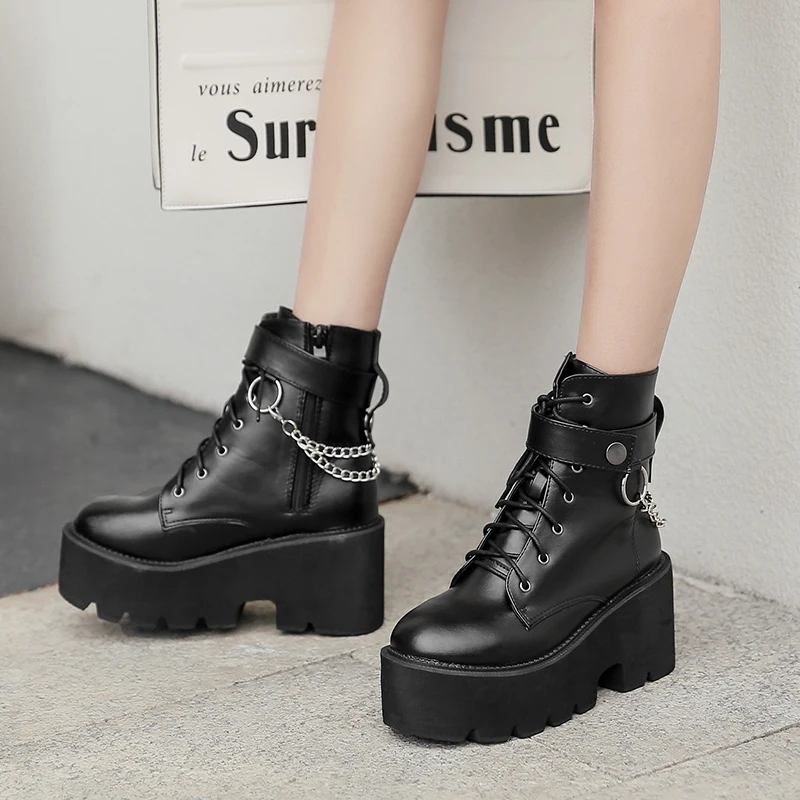 

New Metal Chains Chunky Platform Women's Boots Round Toe Martin Boots Women Winter Black Punk Goth Boots Women's