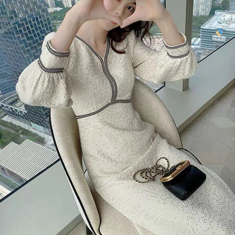 Женское шерстяное платье-макси с V-образным вырезом и блестками | Женская одежда