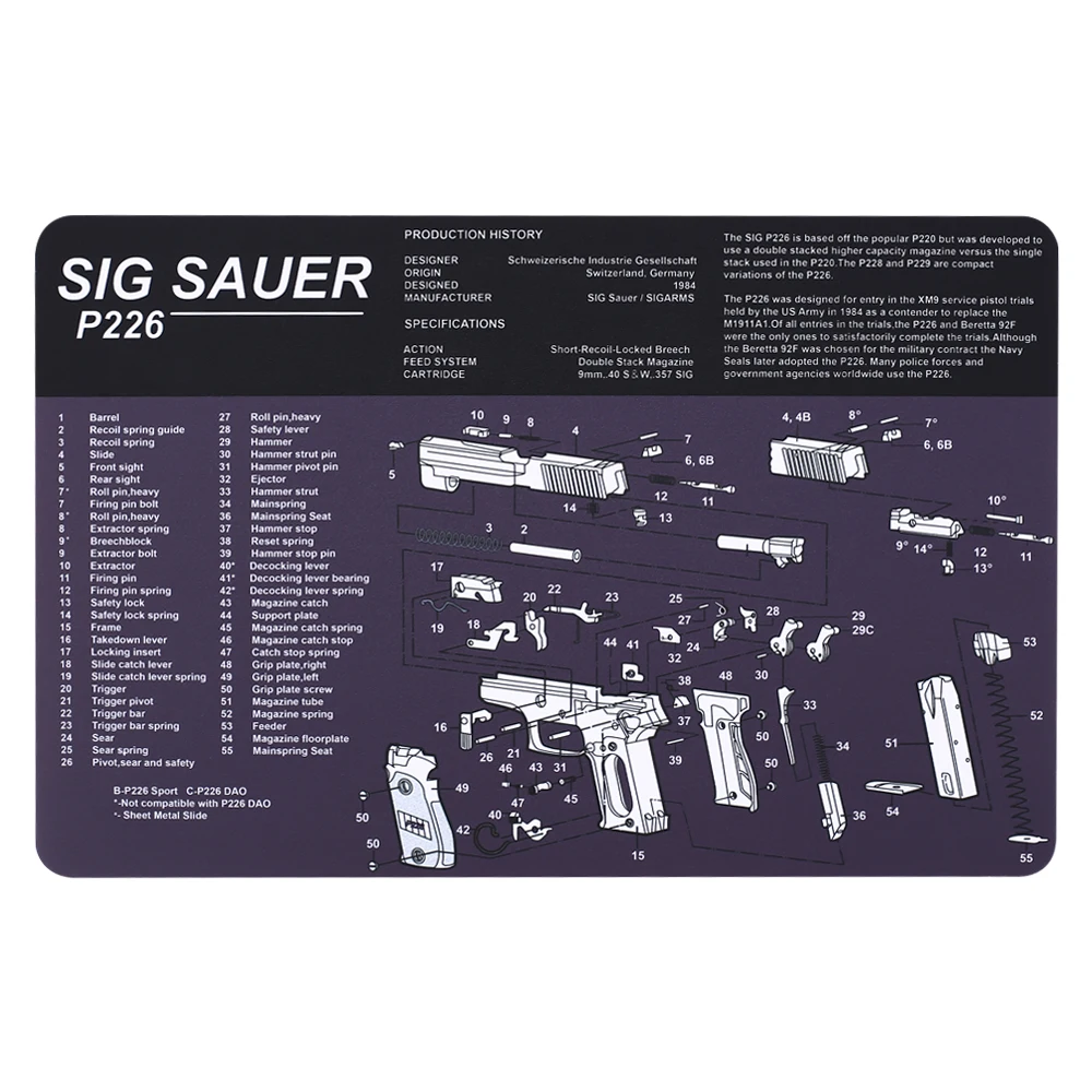 

Sig Sauer P226 Cleaning Rubber Mat 17"x11" Waterproof Non-Slip Cleaning Mat with Parts Diagram and Instruction Armorer Bench Mat