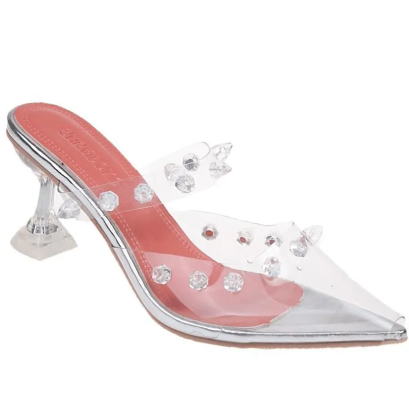 

Rubber Flip Flops Female Shoes Ladies' Slippers Transparent Heel Med Heeled Mules Glitter Slides Cover Toe Rivet Fashion Square