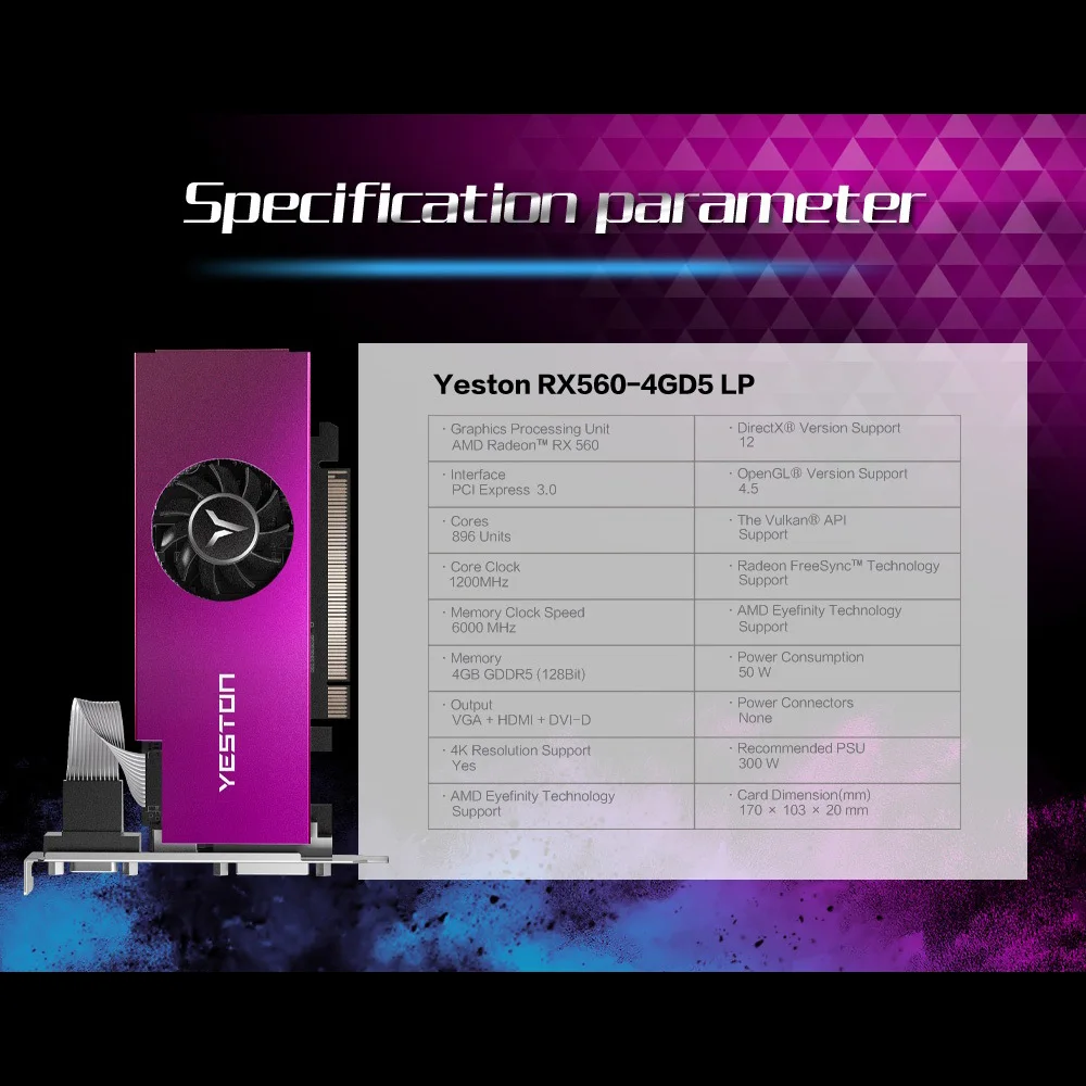 Yeston RX560 4G D5 LP Графика карты Ga mi ng графическая карта 1200/6000 МГц 4G/128 бит/GDDR5 памяти VGA + HD