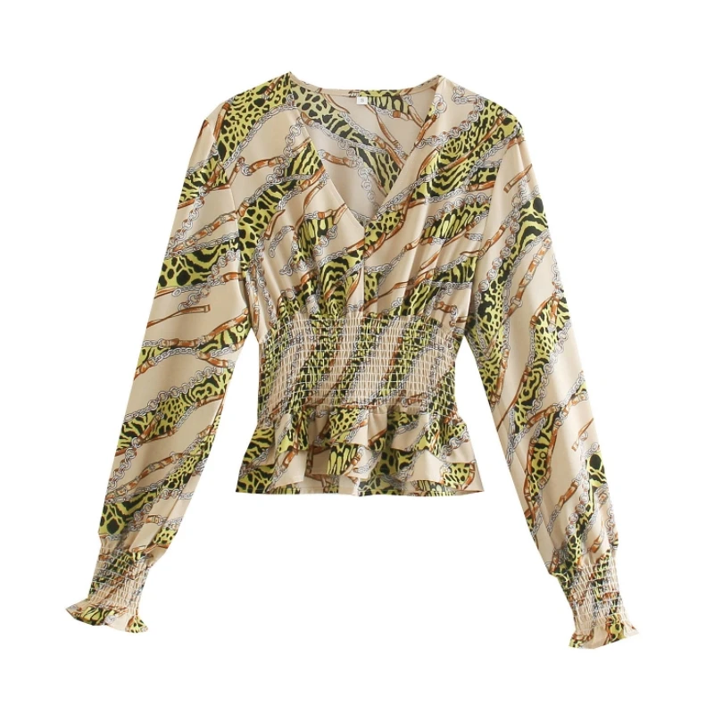 

Женская блузка с леопардовым принтом и V-образным вырезом, короткая женская рубашка с длинным рукавом, Повседневная блузка, S9762