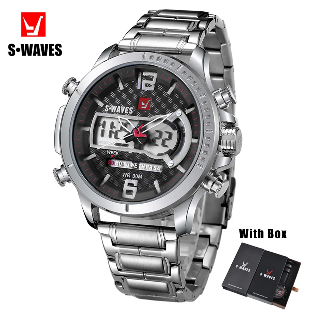 

SWAVES Wristwatch Mens Stainless Steel Waterproof Military Watch Men Clock Dual Display LCD Digital Analog Reloj Hombre With Box