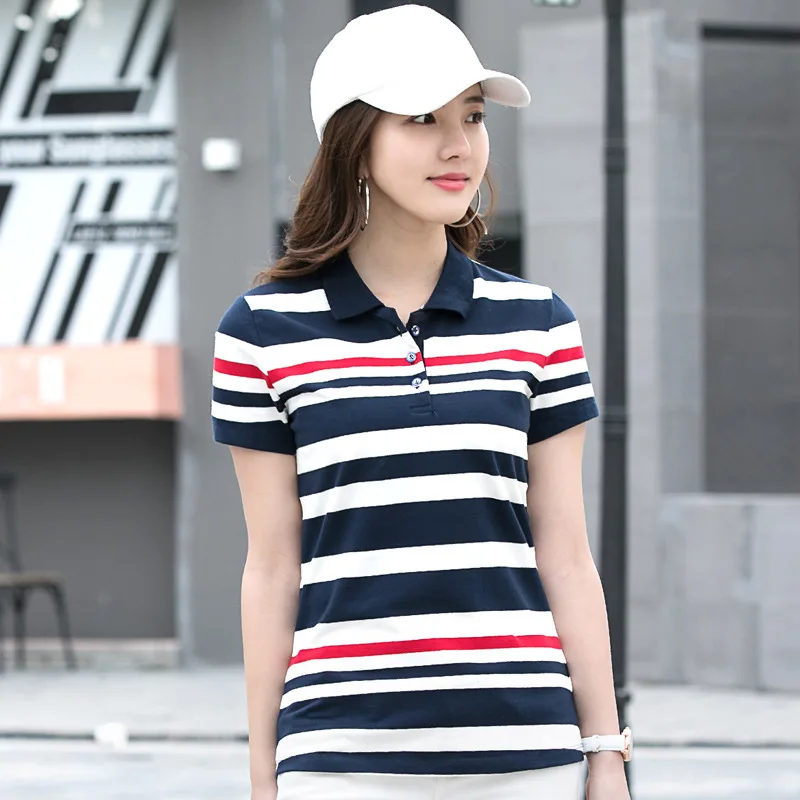 Женская Полосатая Рубашка-Поло Повседневная рубашка-поло из 95% хлопка с