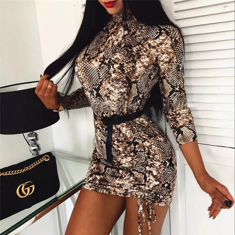 

Fashion Women Sexy Snake Pattern Bodycon Slim Long Sleeve Party Cocktail Club Autumn Mini Dress
