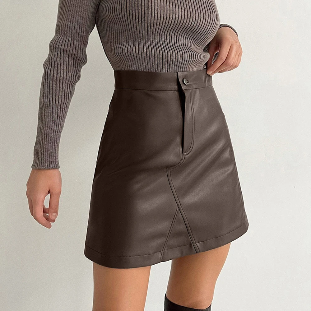 

Matt PU Leather A-line Women Skirt Patchwork Slim Fit Female Skirts Brown