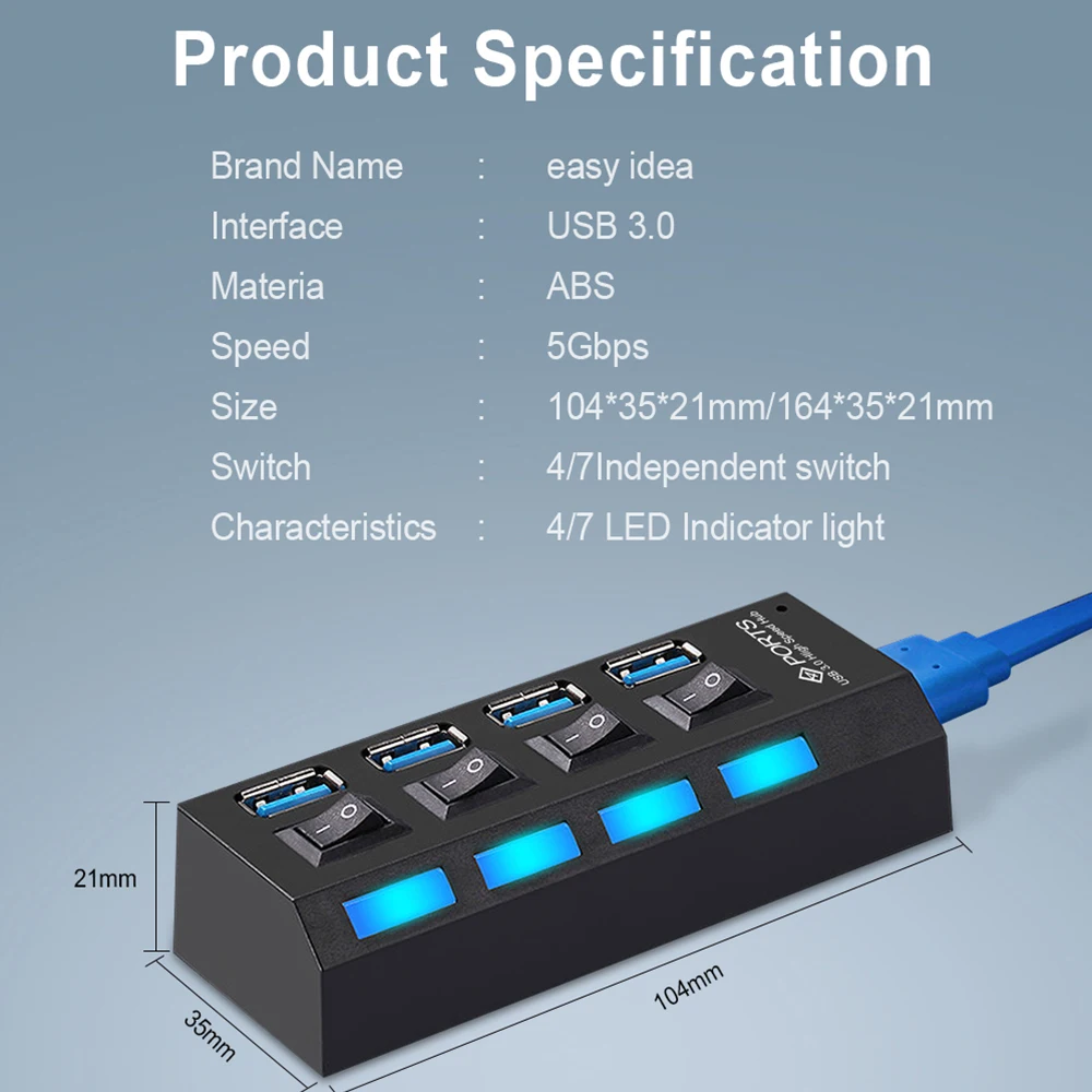 

USB 3.0 Hub 5Gbps High Speed 4/7 Port Hub Splitter with ON/OFF Switch Multi Power Adapter High Speed Hub for PC Computer Laptop