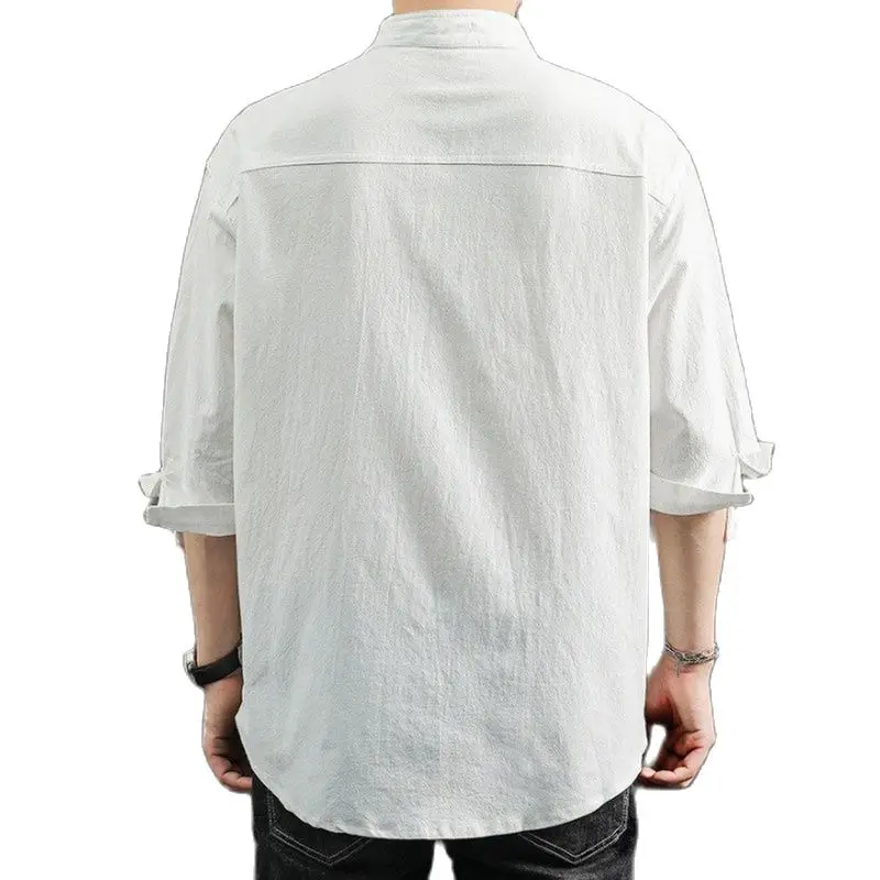 

Solid Colors Long Sleeve Shirts Chinese Style Wear Stand Collar Loose 100% Cotton White Black Shirt Short Sleeve Shirt 5XL