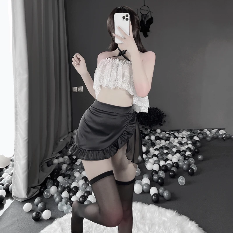 

Женское сексуальное нижнее белье, экзотический прозрачный кружевной топ с лямкой на шее и открытой спиной, мини-юбка, костюм для ролевых игр