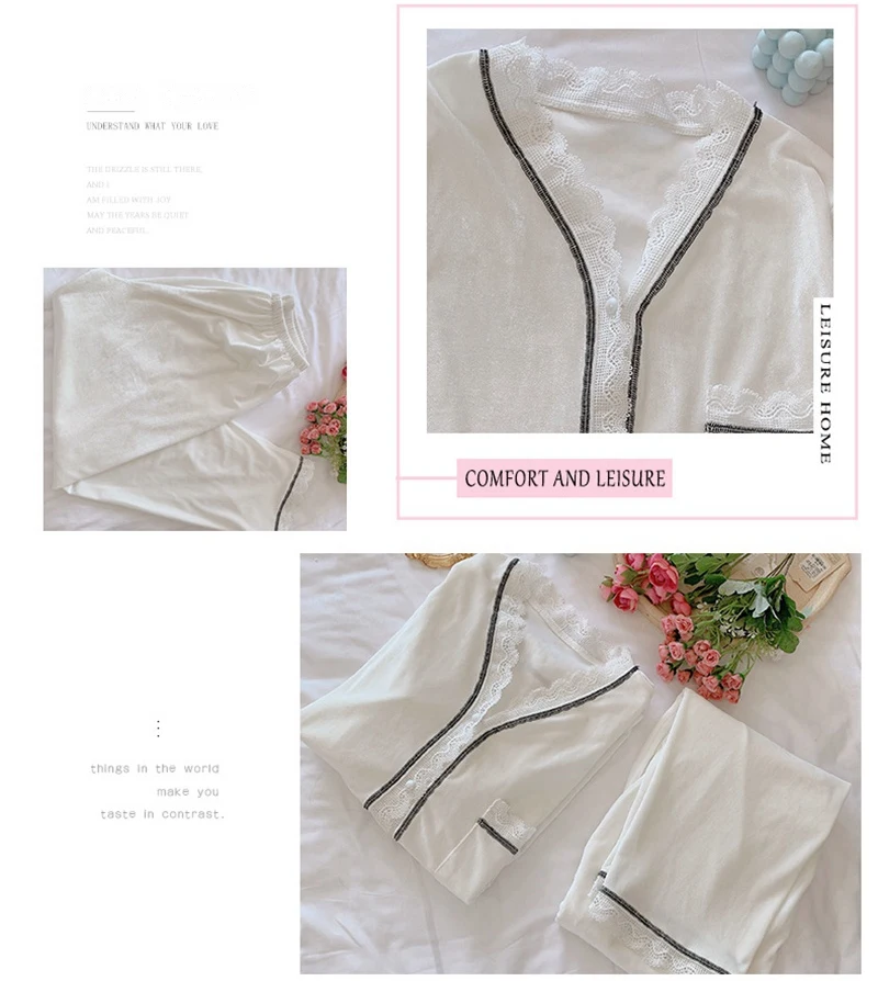 

Winter Velvet Cardigan Sleepwear Womens Sexy Lace Pajamas V-neck Sleep Tops Plants Longer Wear Elegant Pijamas Plus Size Lingere