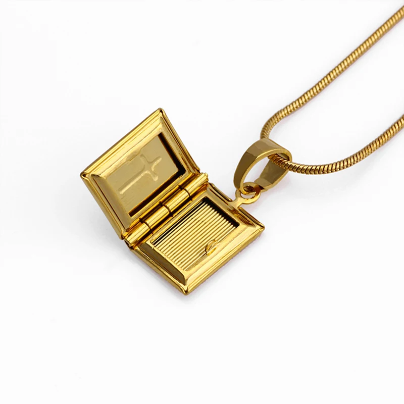 JH абсолютно новый золотой крест Библия книга фото медальон фаза маленький кулон