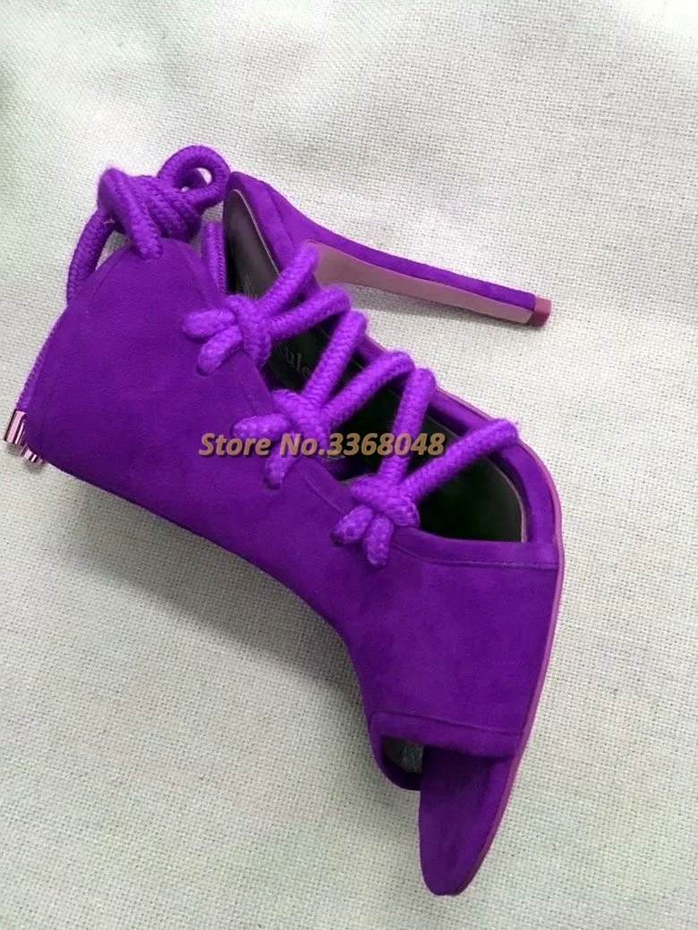 Jual Sandal Hollow Up Renda Suede Telanjang Ujung Terbuka Stiletto Hak Tinggi Memotong Mengikat Rumbai Pinggiran Kaki Terbuka Sandal Gaun Tali Pergelangan Kaki