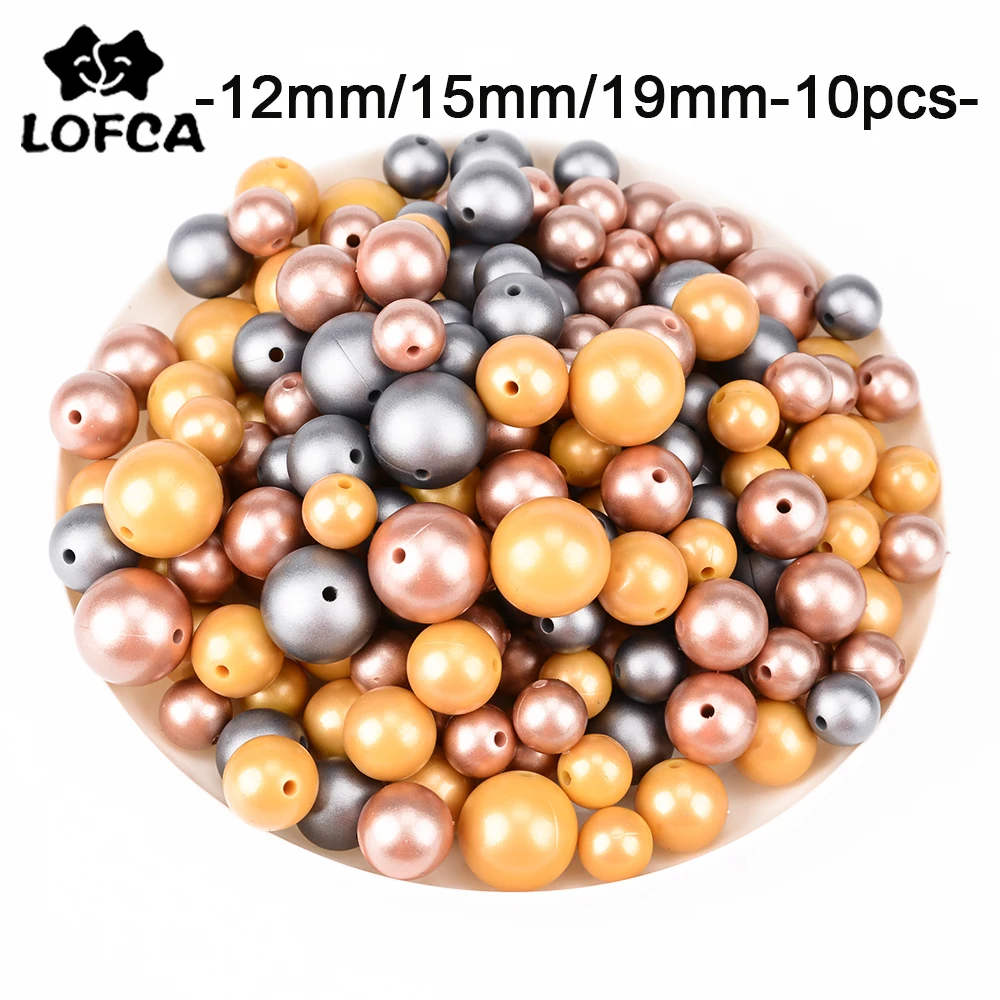 

LOFCA 10Pcs metallic silver Print 12/15/19mm Silicone Loose Beads DIY Chewable Teething Beads BPA Free Baby Teether