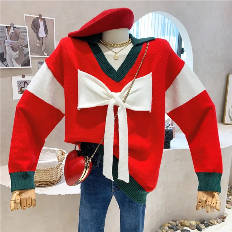 

Niche Design New Women's Clothing 2021 Winter Retro Design Bow Knit Top Long Sleeved Sweater Christmas Costume